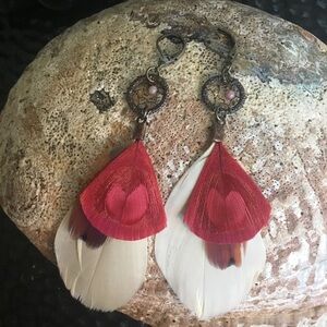 Hand Crafted Bohemian Tribal Dream Catcher Duster Pierced Earrings w/Feathers